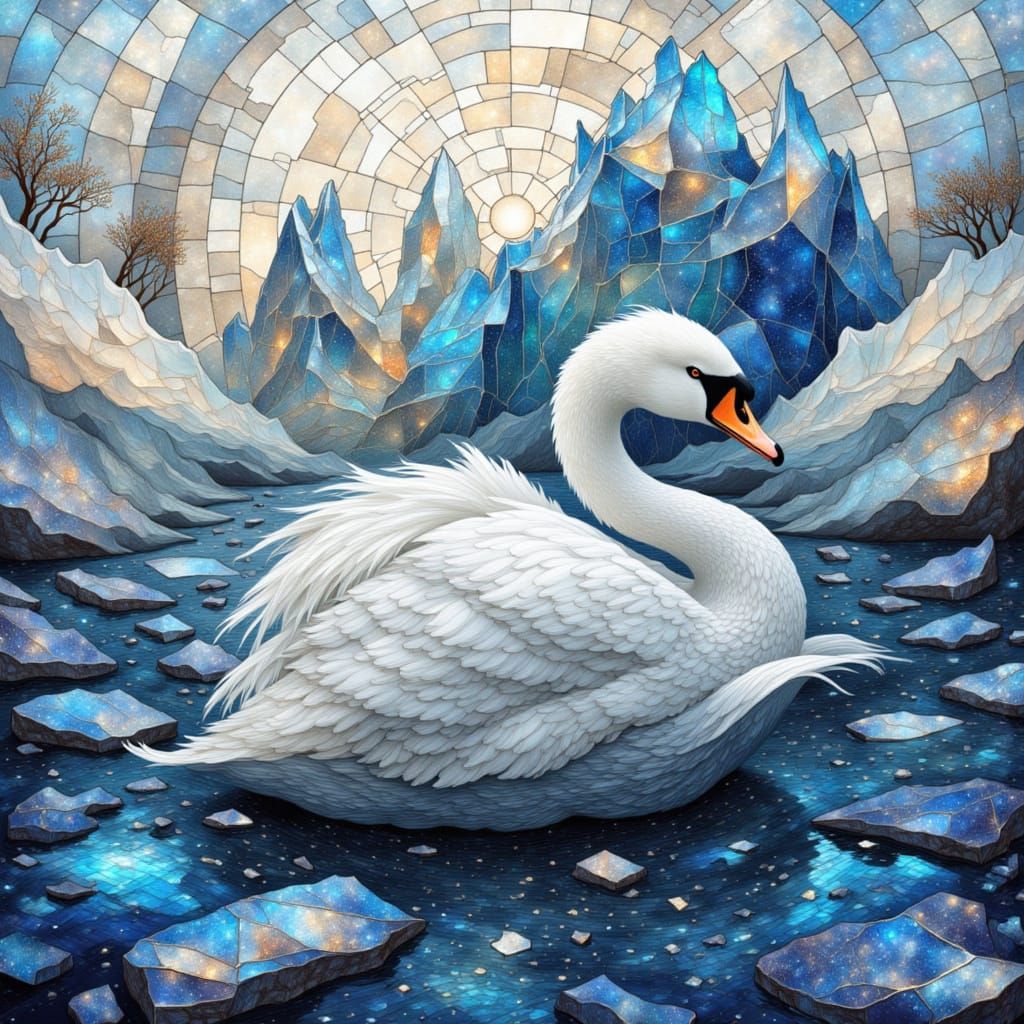 Swan on Mirrored Lake in Surrealist Style