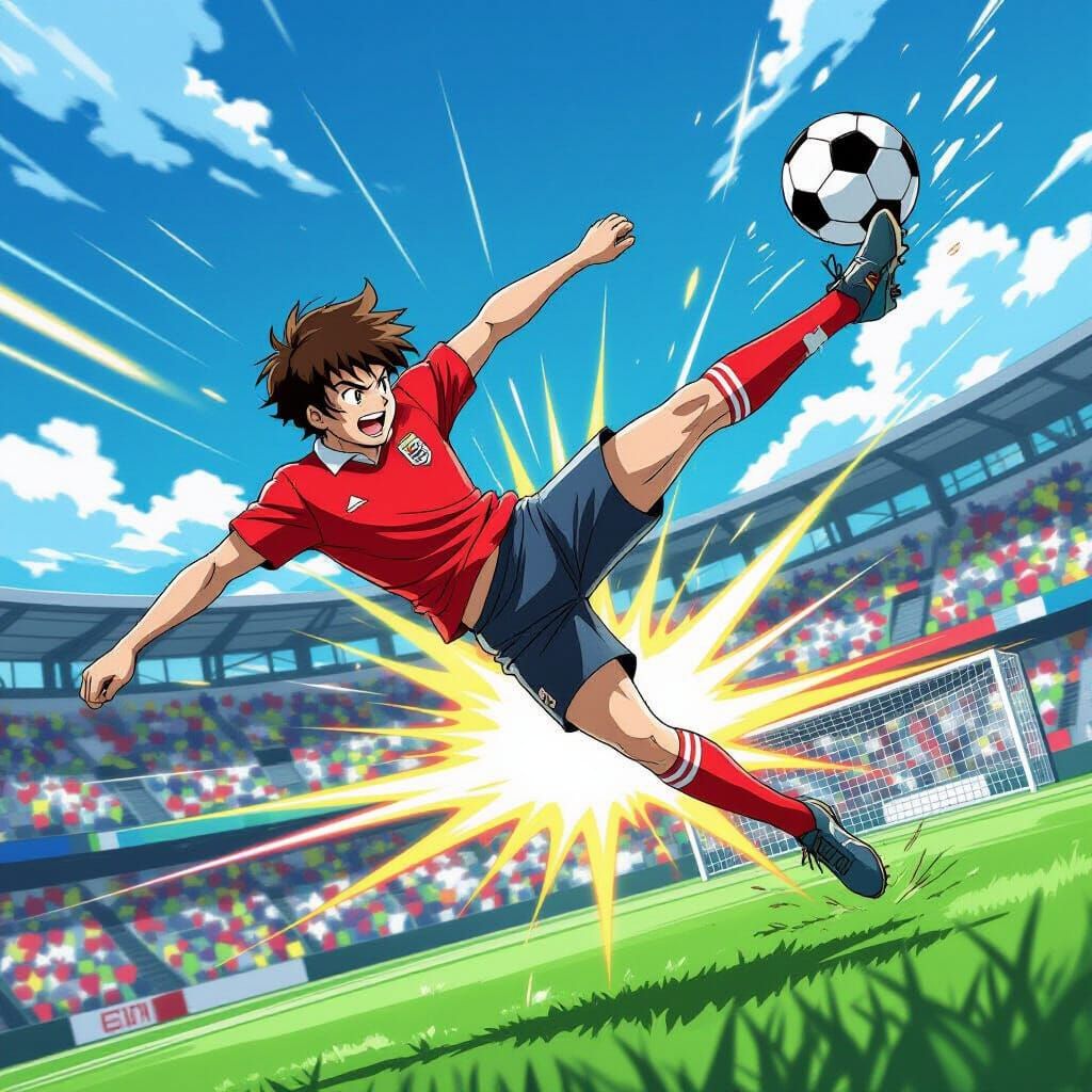 Dynamic Soccer Player Bicycle Kick in Anime Style