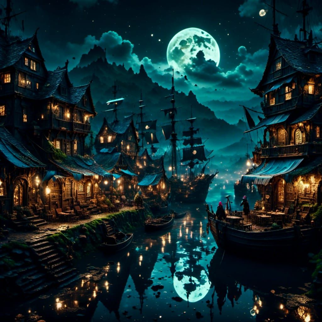 Pirate Town at Night: 3D Hyperrealism