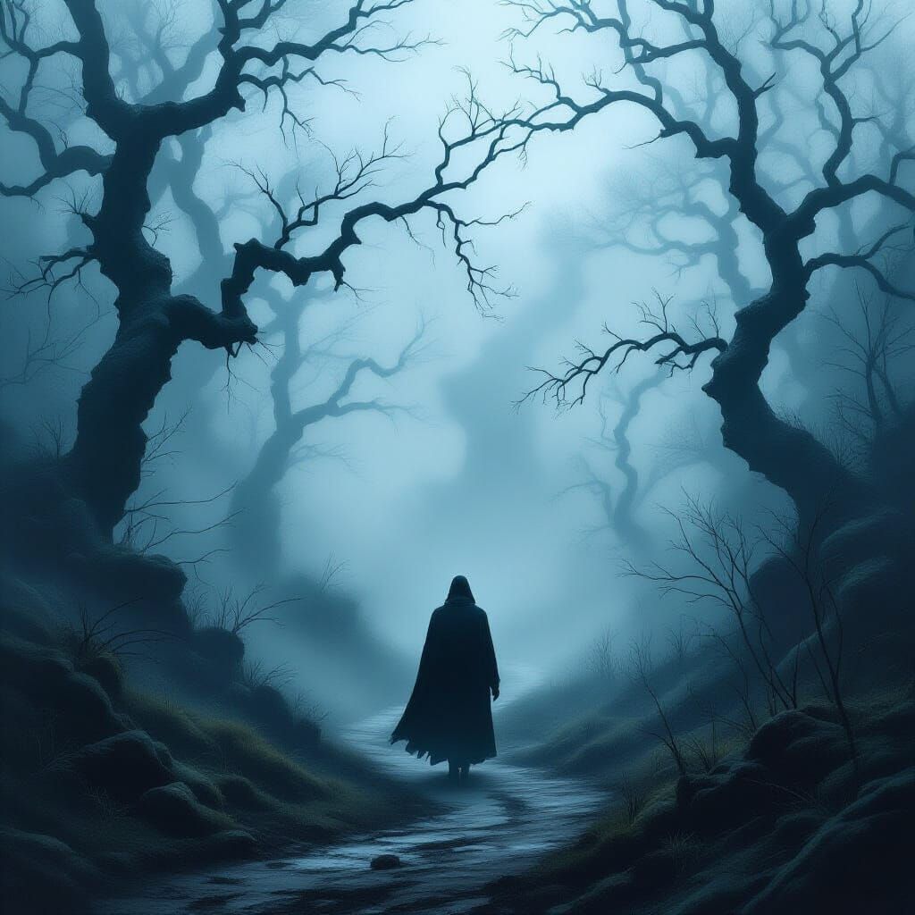 Mysterious Figure in Foggy Ancient Forest