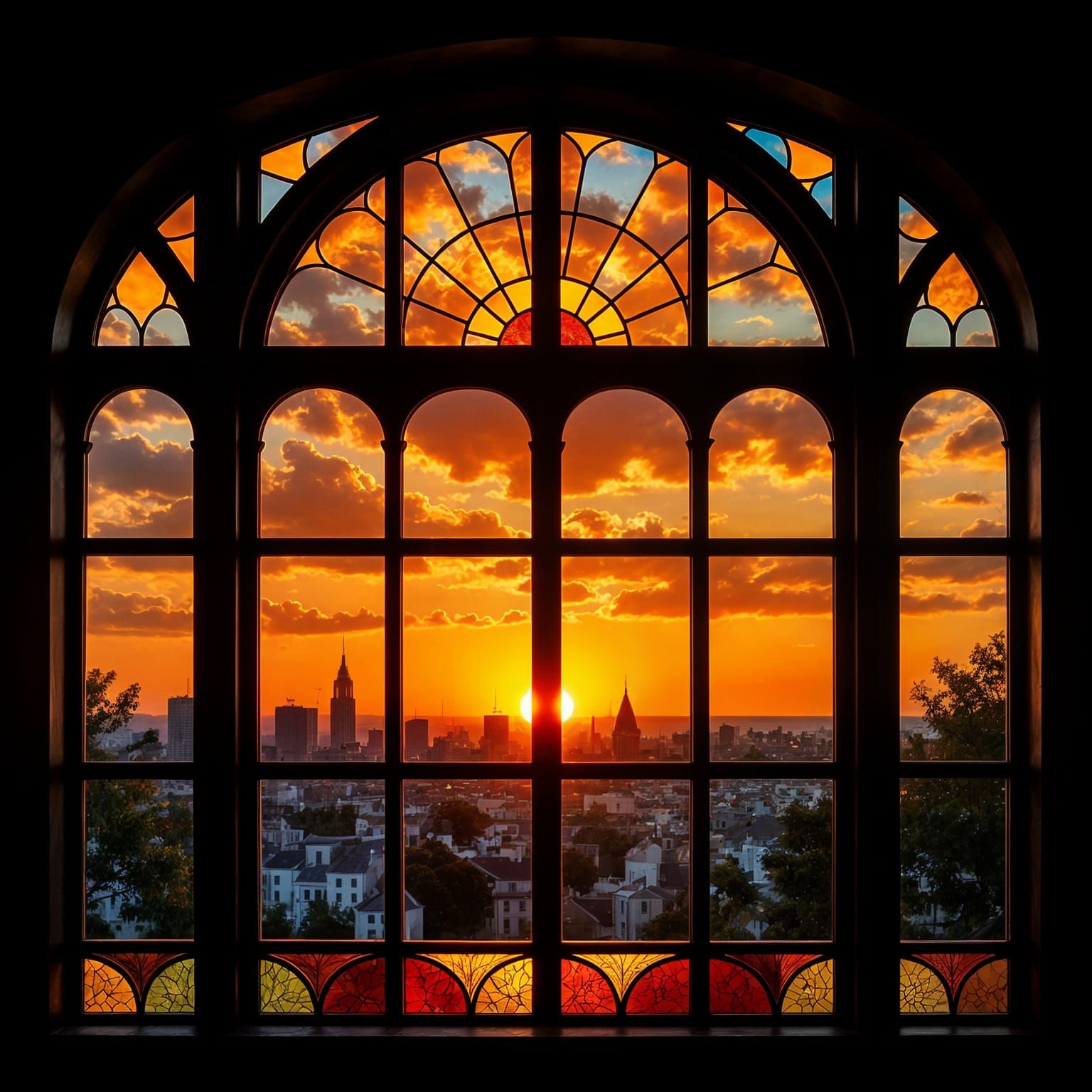 Stunning Orange Sunset Stained Glass Window