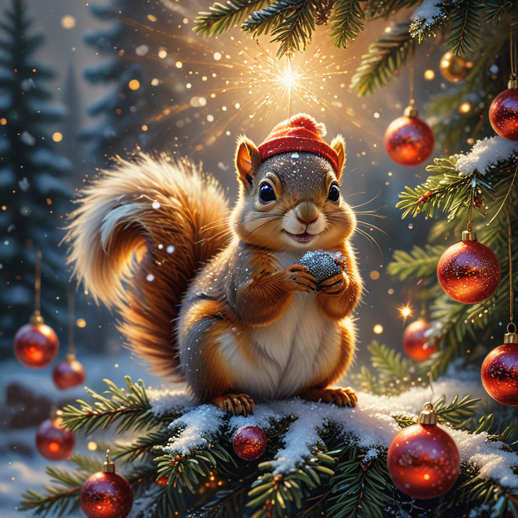 Cozy Winter Wonderland Squirrel Adorns the Christmas Tree in...