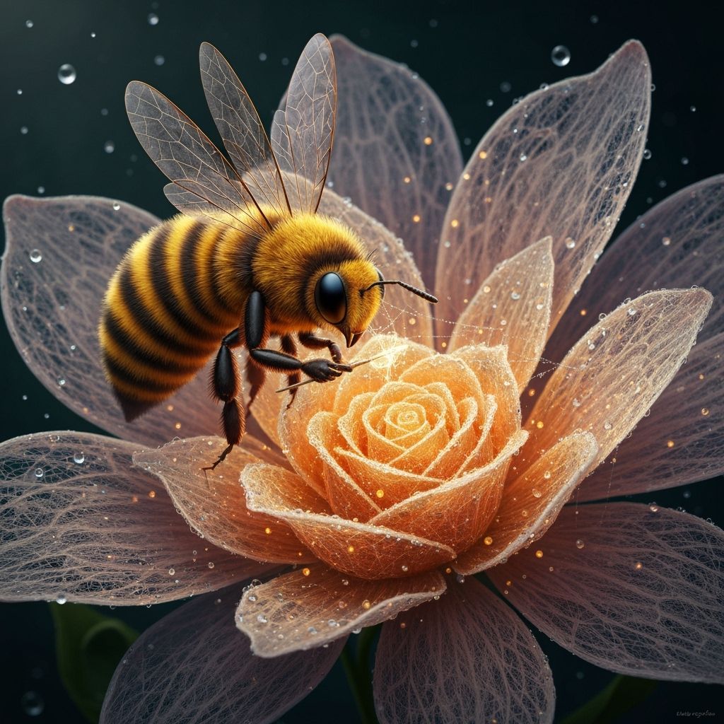 Bee Sculpting with Glowing Spider Silk in Fantastical Flower