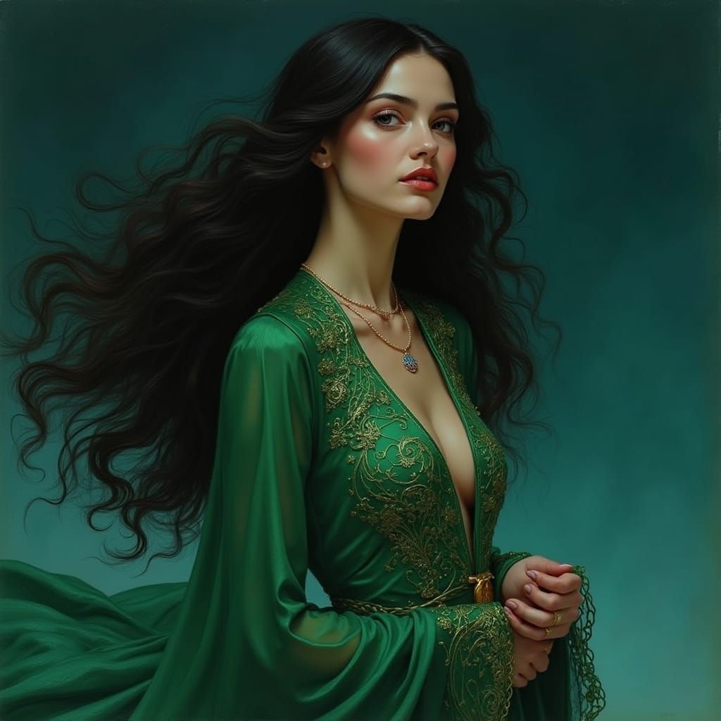 Enchanted Sorceress in Emerald Robe, Traditional Oil Paintin...