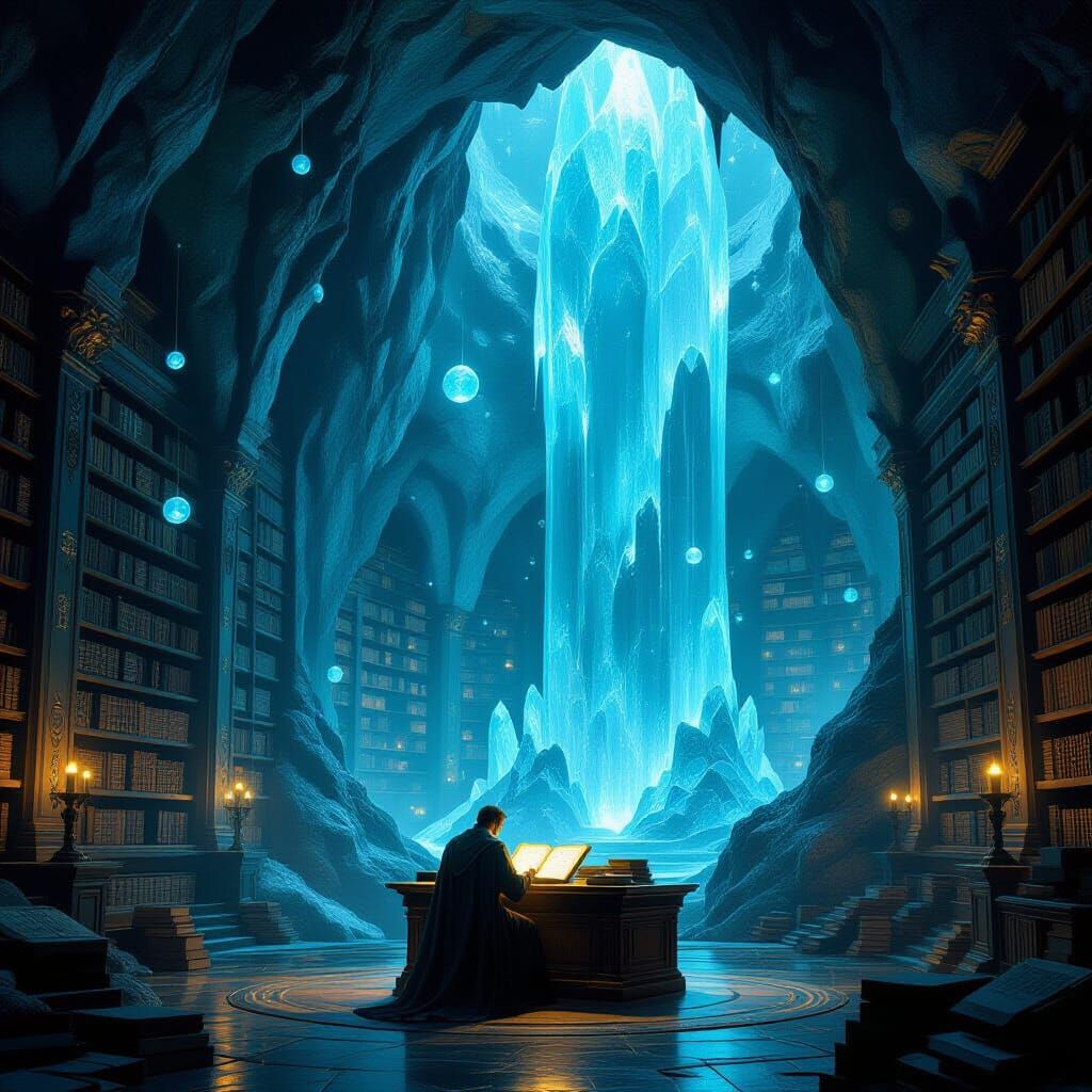 Ancient Crystal Cavern Library With Scholar