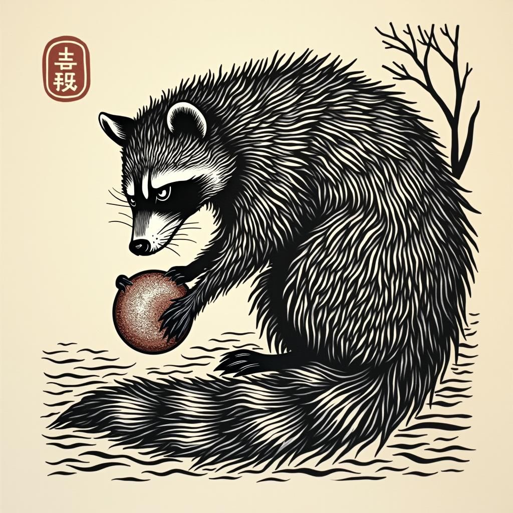 wood engraving inspired traditional sailor's Tattoo. raccoon...