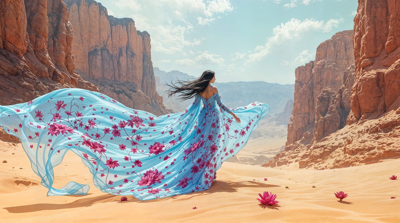 Surreal Desert Goddess in Vibrant Floral Attire