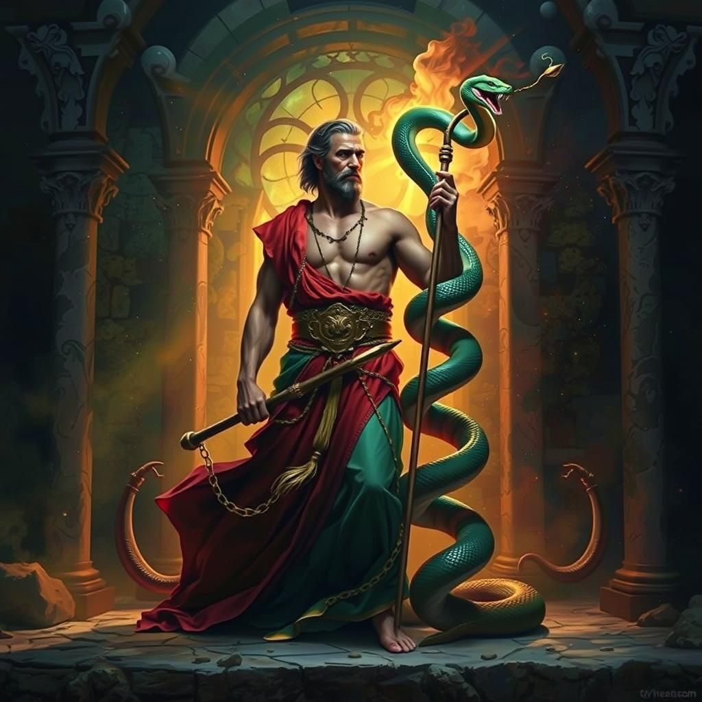 Asclepius with Serpent Staff in Mythologicore Style