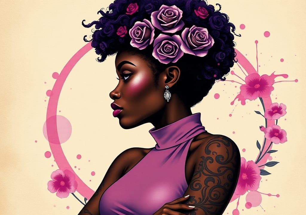 Pop Art Portrait of Woman with Purple Floral Hair