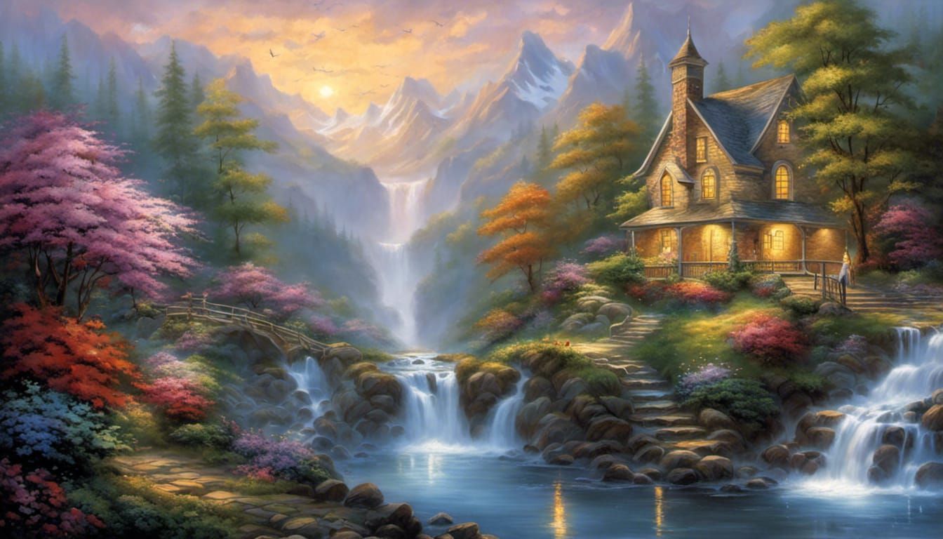 Floral Waterfall Landscape with Dove, Fantasy Art