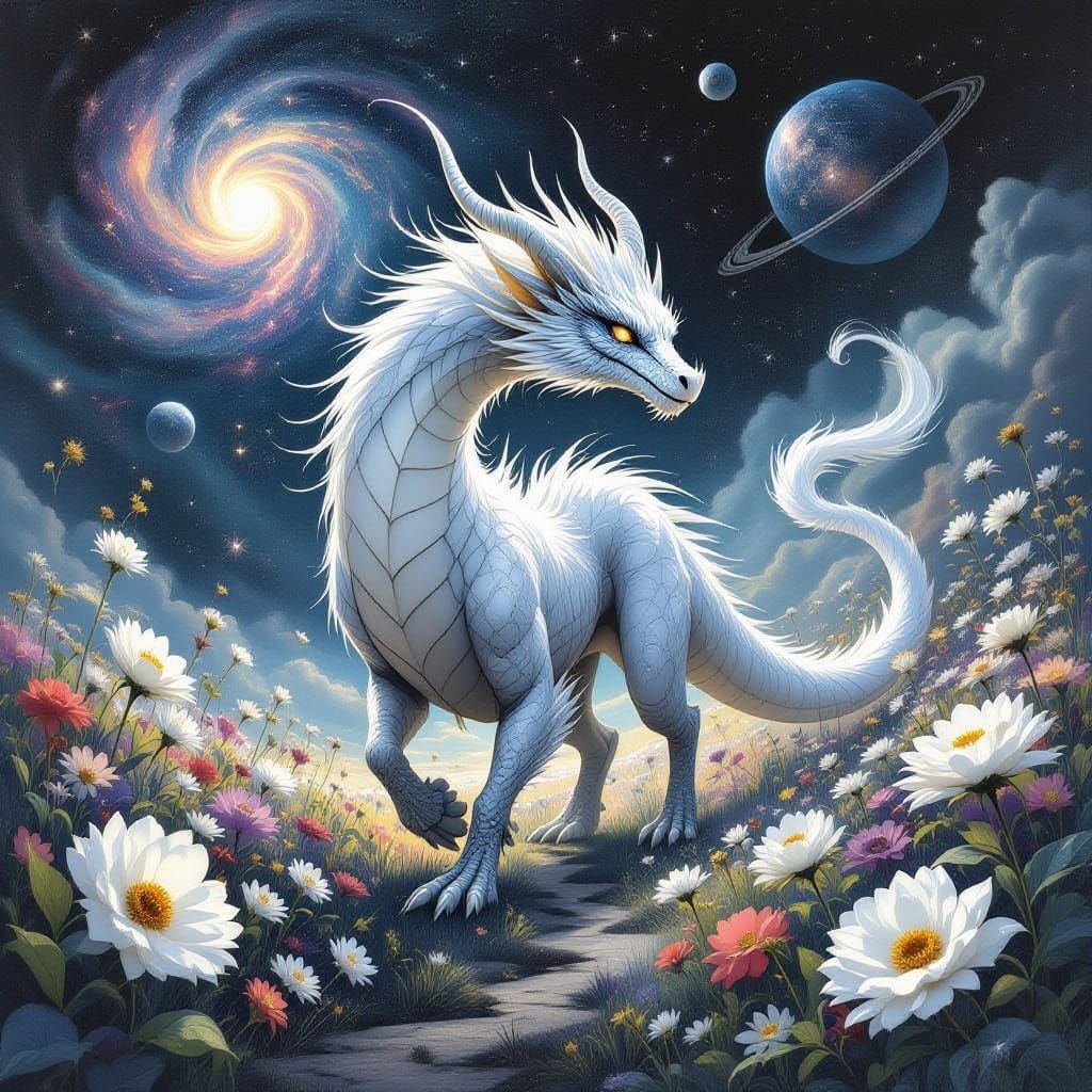 Ethereal Moonlit Dragon in Cosmic Star Garden