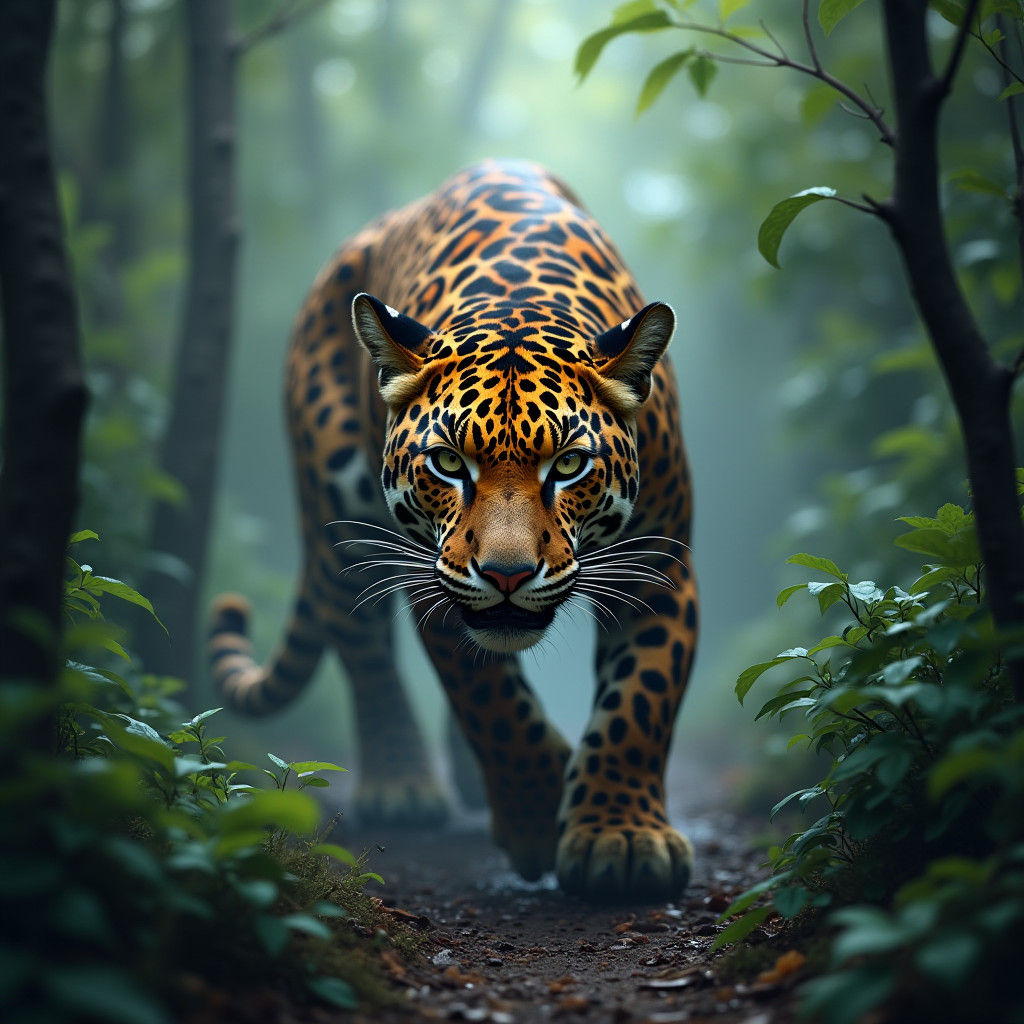 Jaguar Sneaking Through Jungle: Detailed Matte Painting