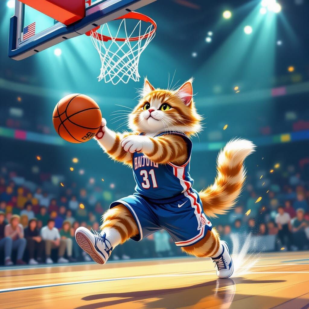 Cat Dunking Basketball in NBA Game Comic Art Style