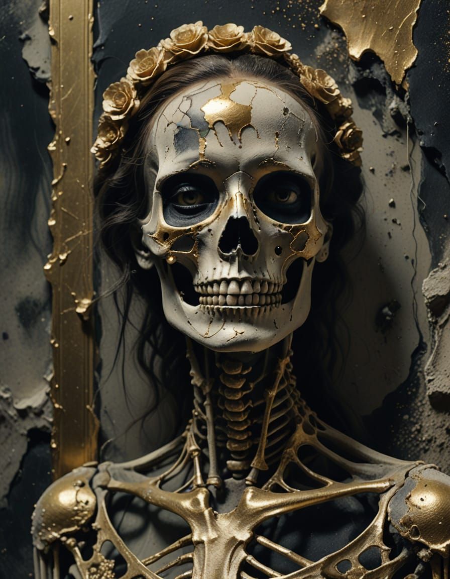 Surreal High Fashion Skeleton in Plaster Wall