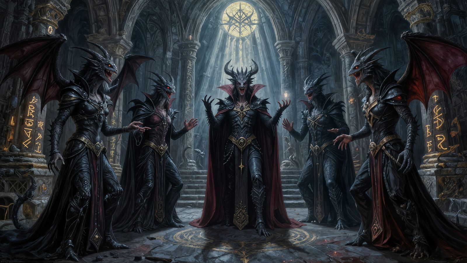 Reptilian Vampires Ritual in Stone Temple Acrylic Art