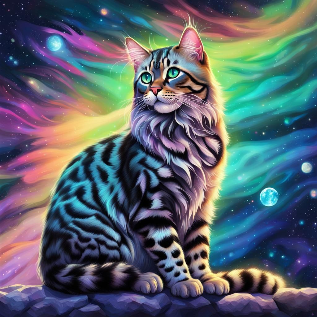 Anime Style Bengal Cat with Northern Lights