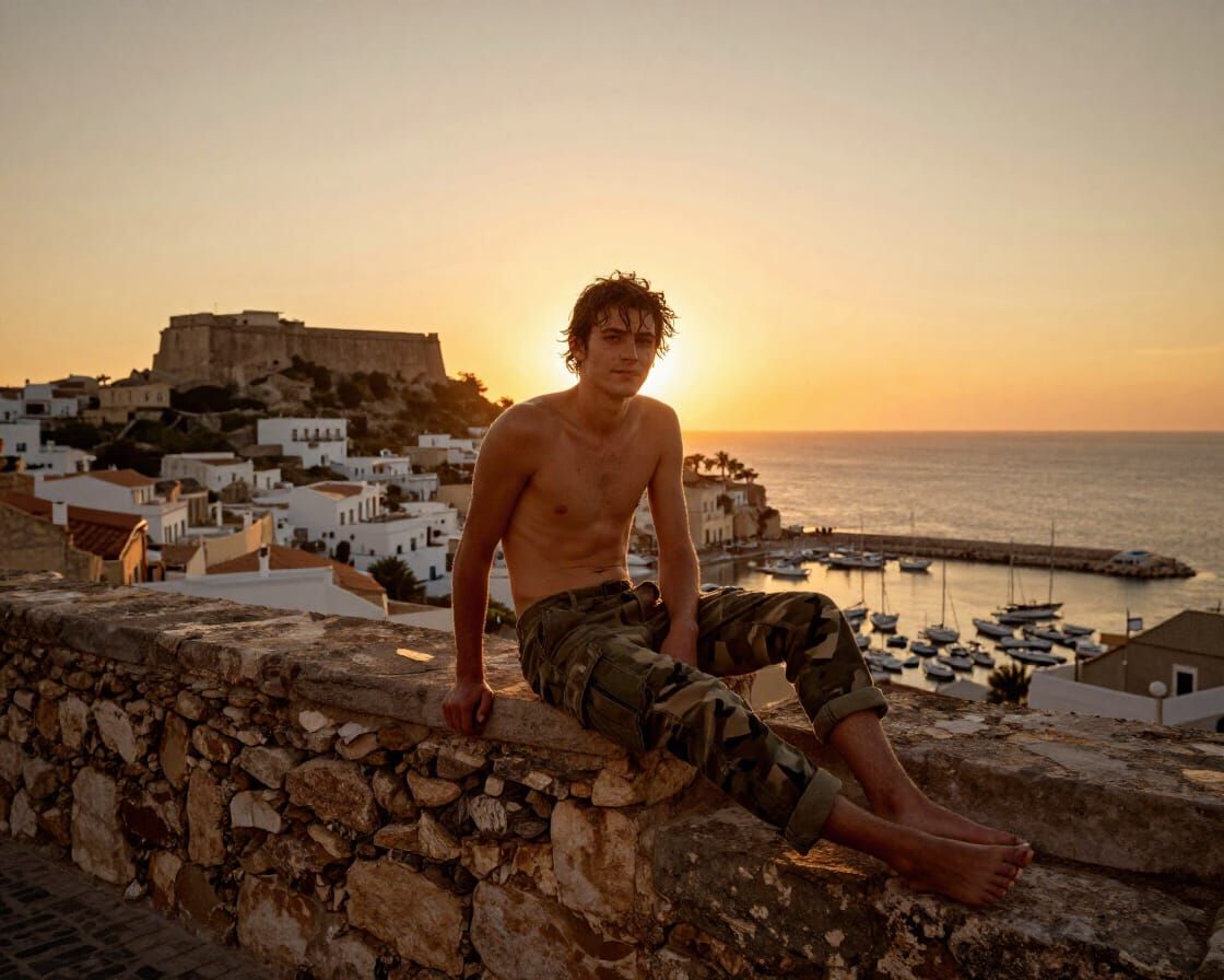Man on Stone Wall at Sunset Over Coastal Town