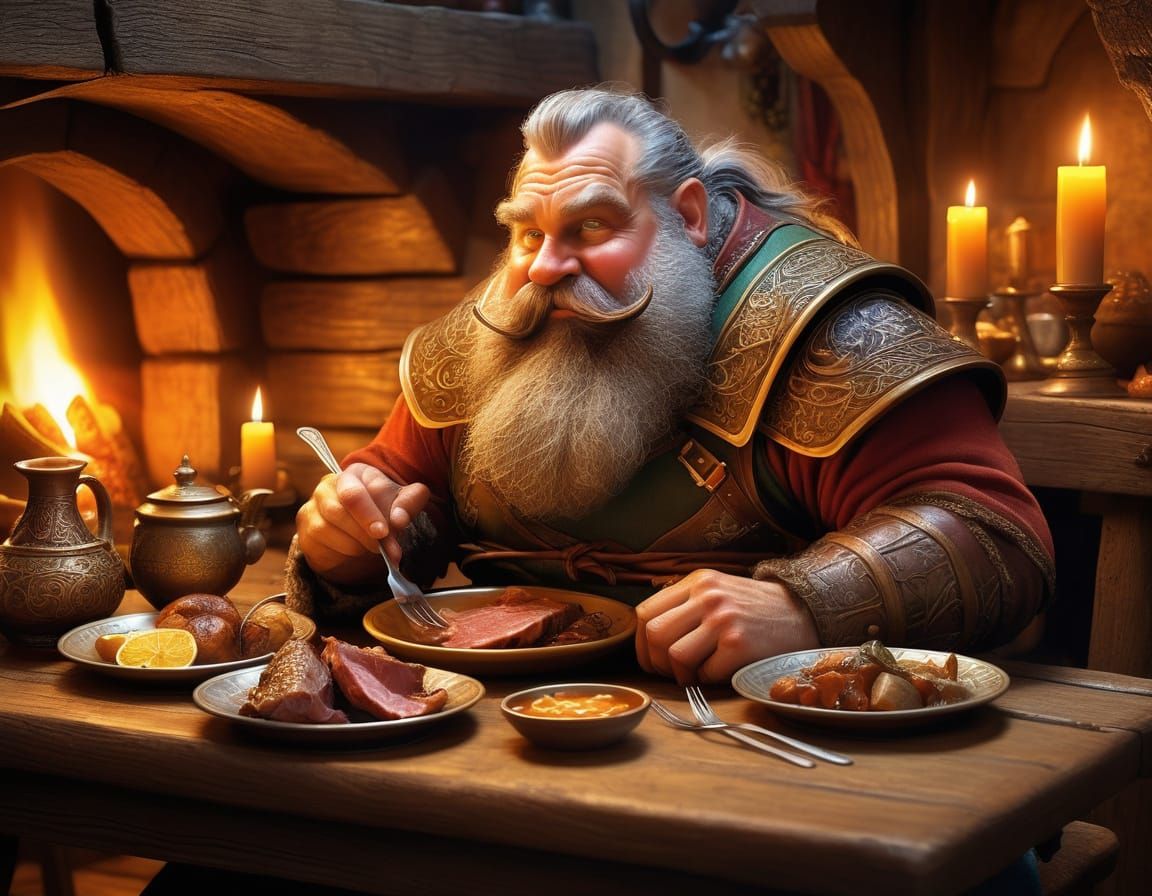 Rustic Dwarf Warrior Savoring a Hearty Medieval Feast