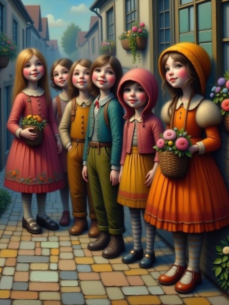 Charming Children in German Village as Oil Painting