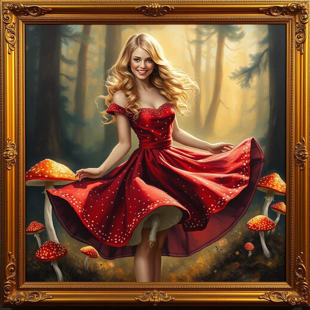 Golden Goddess Amidst Radiant Mushrooms in Lavish Oil Painti...
