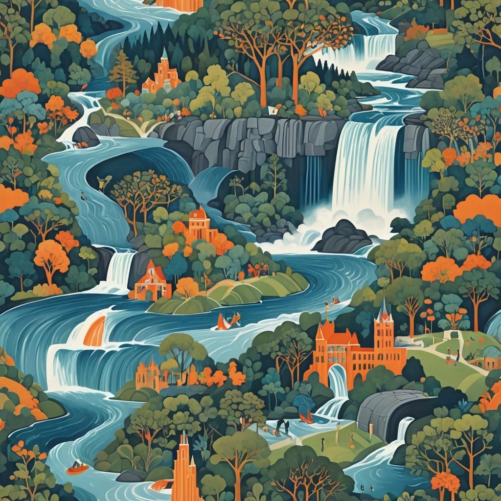 Niagara Falls in Surrealist Geometric Style