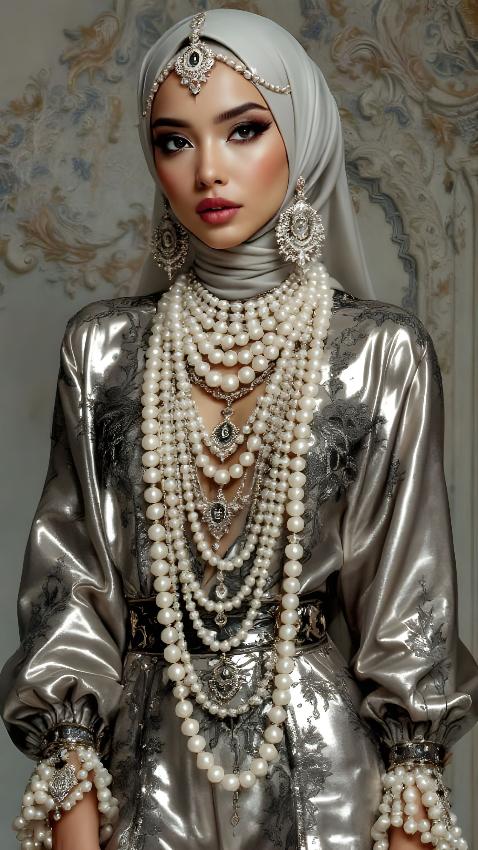 Hijab Woman in Shiny Jumpsuit with Pearl Body Chain