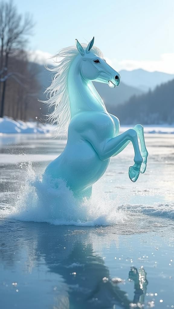 Majestic Ice Horse Emerges from Frozen Lake