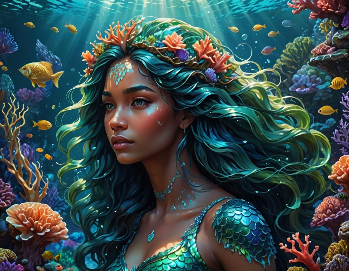 Majestic Mermaid in Surreal Bioluminescent Coral Reef