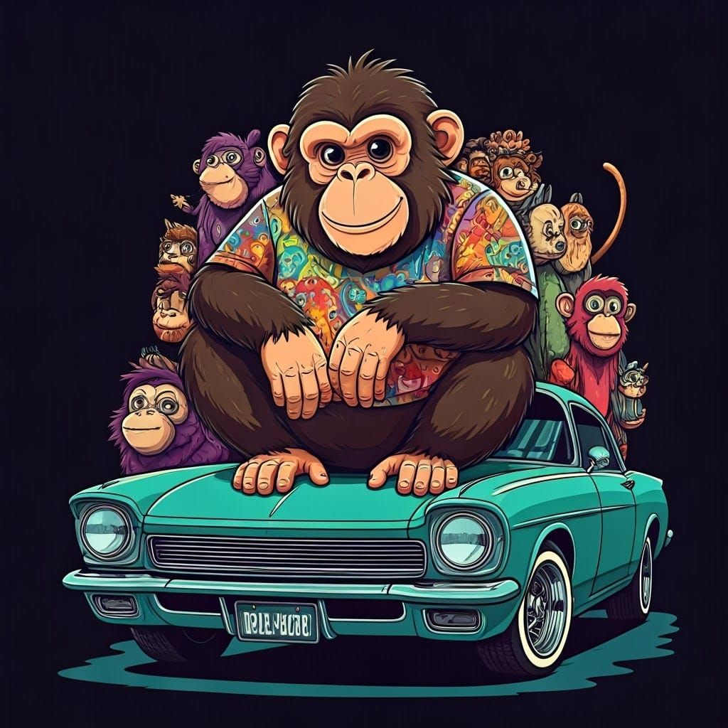 Cartoon DJ Monkey on Car with Animal Fans