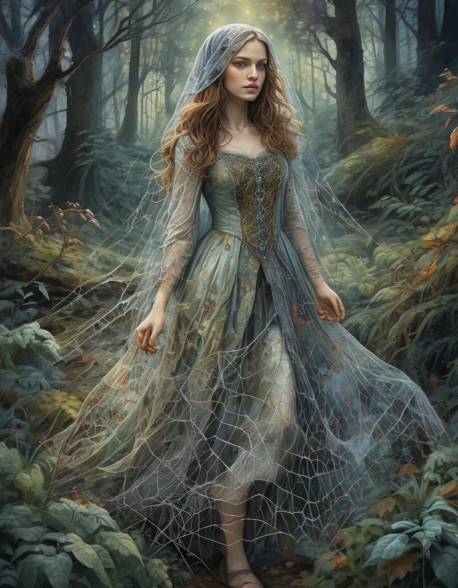 Girl in Cobweb Veil with Spiders, Watercolor Painting