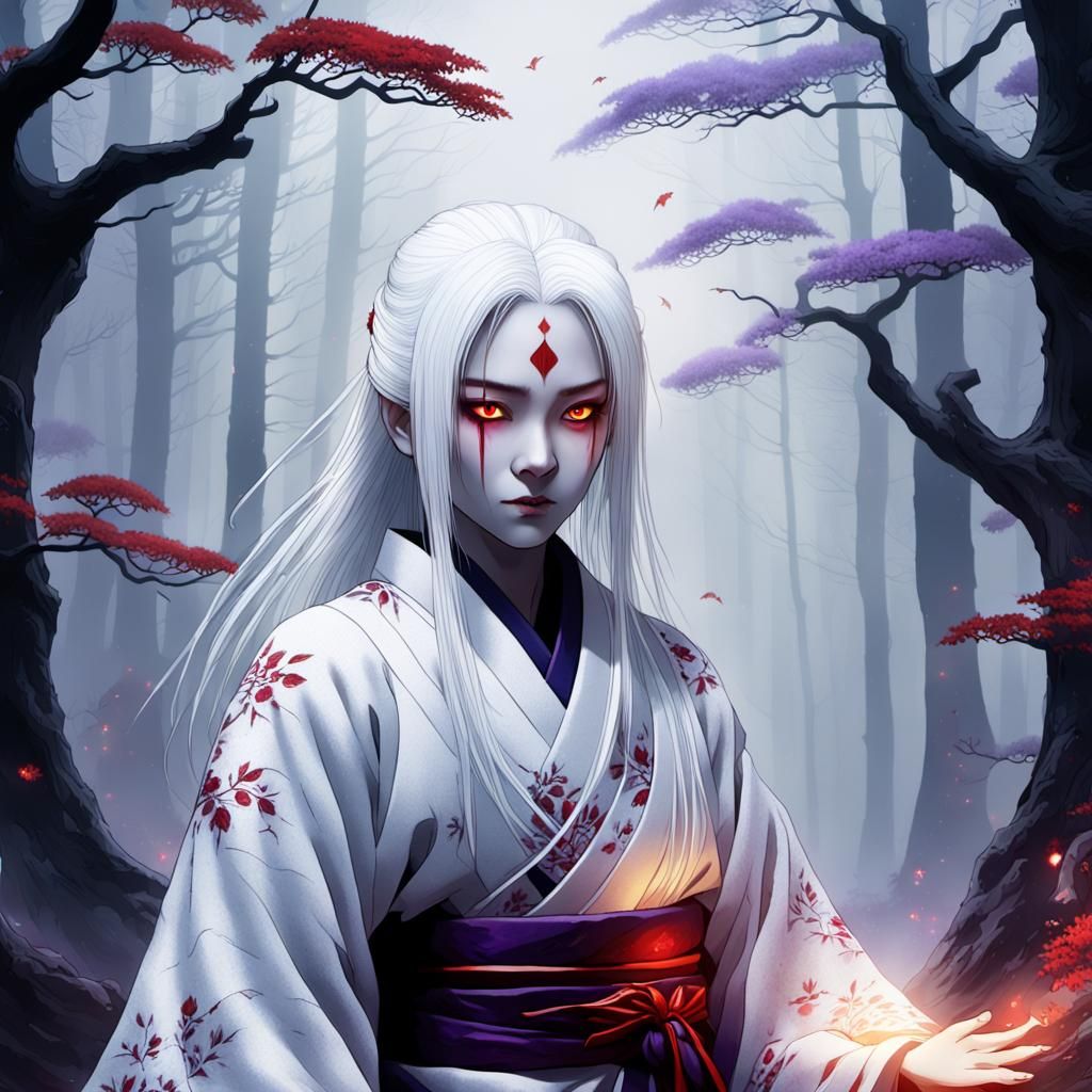 Surreal Yokai Goddess Emerges from Misty Nighttime Forest in...