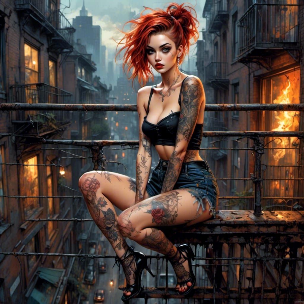 Punk Pinup on Fire Escape in Carne Griffiths Style
