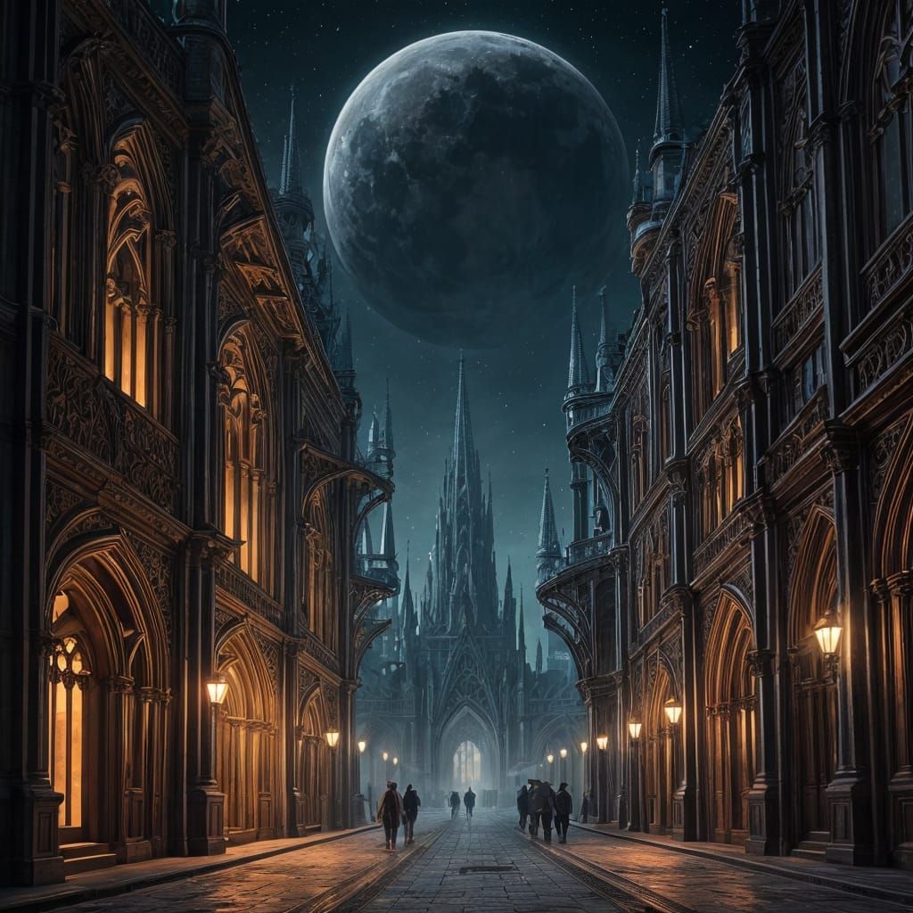Surreal Moon Cityscape in Gothic Architecture