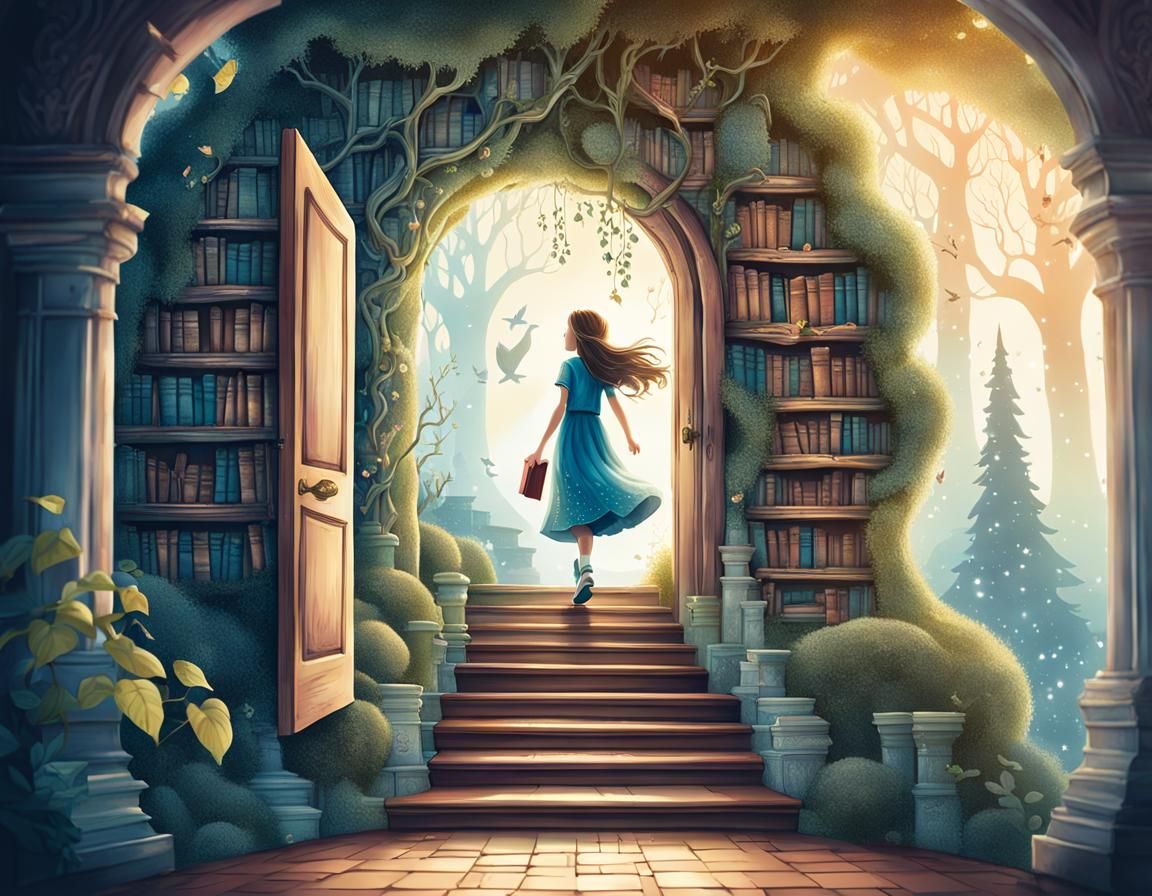 Girl Ascends Book Staircase to Enchanted Forest