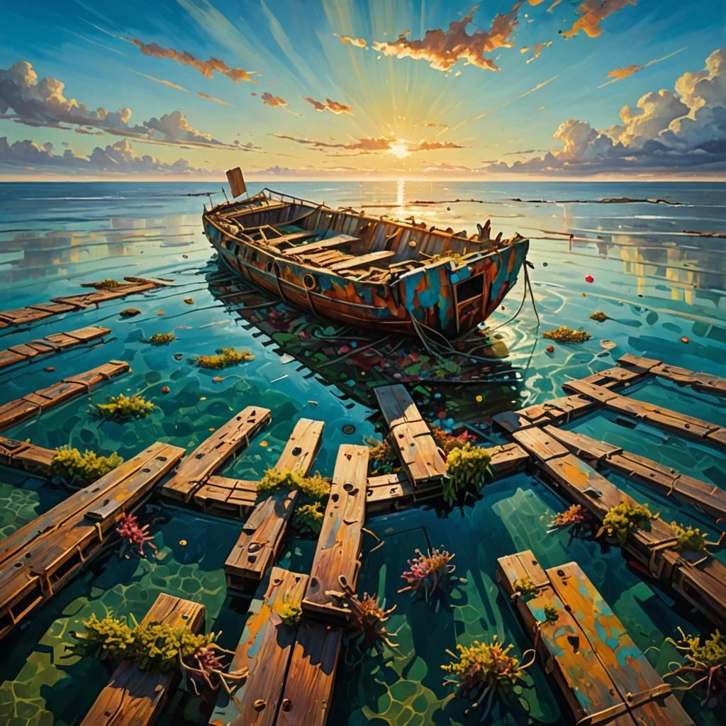 Surreal Wrecked Raft Adrift in Blinding Sunlight