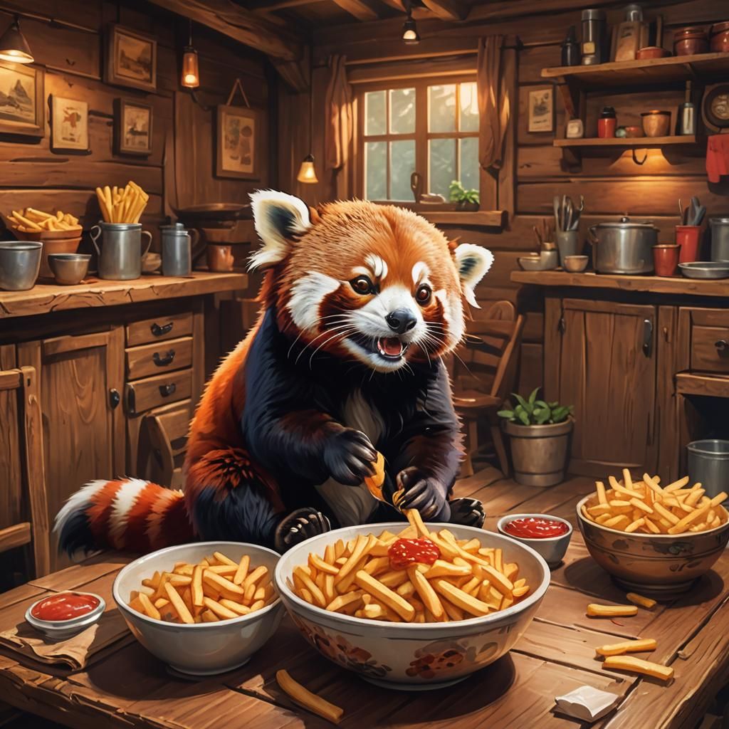Red Panda's Fry Feast: Whimsical Oil Painting