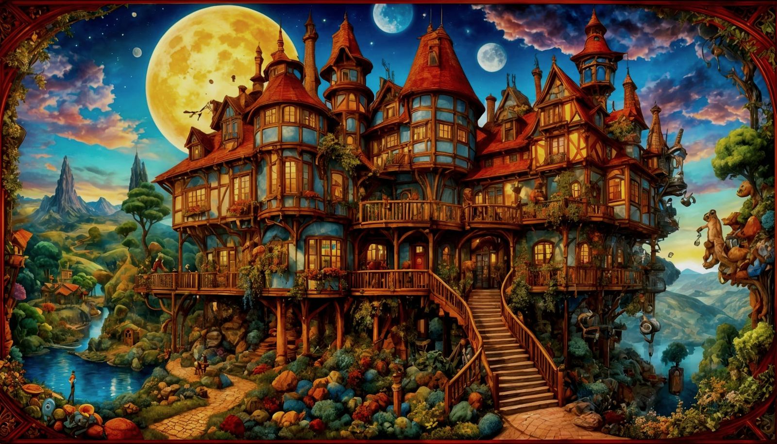Surreal Stilts House with Bosch Monsters at Night