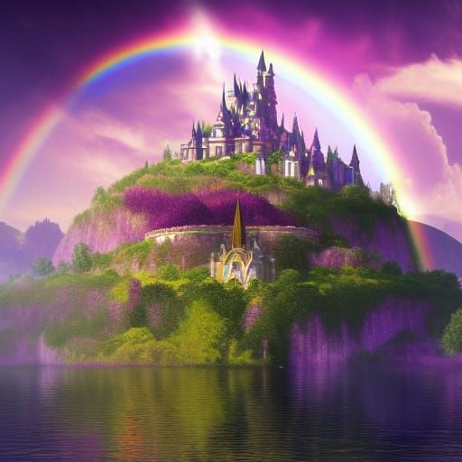 Fantasy Castle on Floating Island with Rainbows