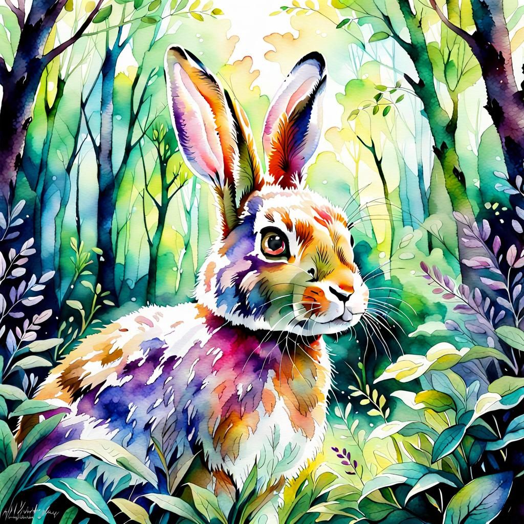 Rabbit in Lush Forest: Watercolor Painting