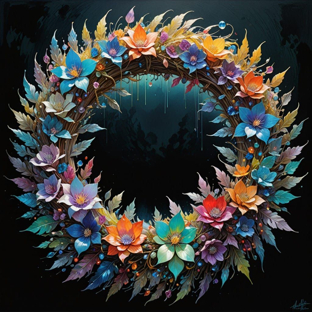 Surreal Iridescent Flower Crown in Dreamlike Watercolor Styl...