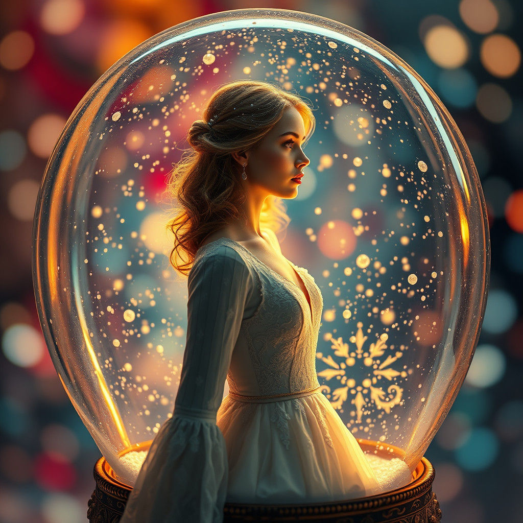 Woman in Snow Globe: Hyperrealistic Concept Art