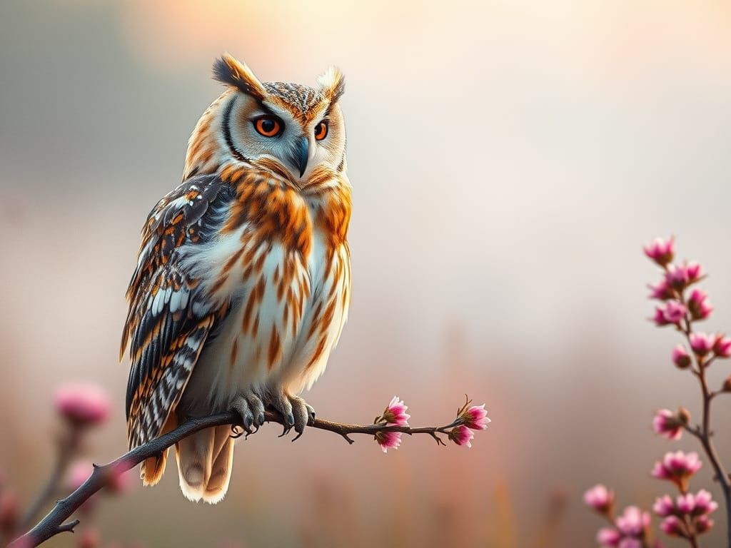 Gilded Owl Amidst Moorland Blooms in Vibrant Watercolor