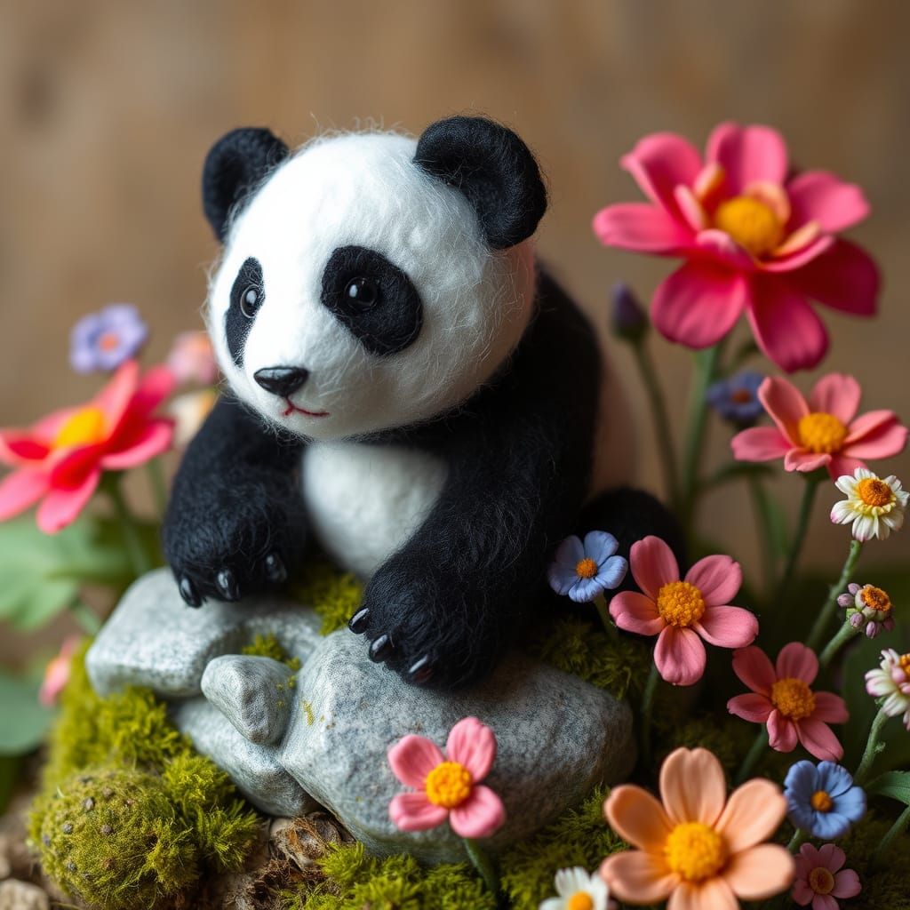 Felted Panda Among Flowers in Storybook Style