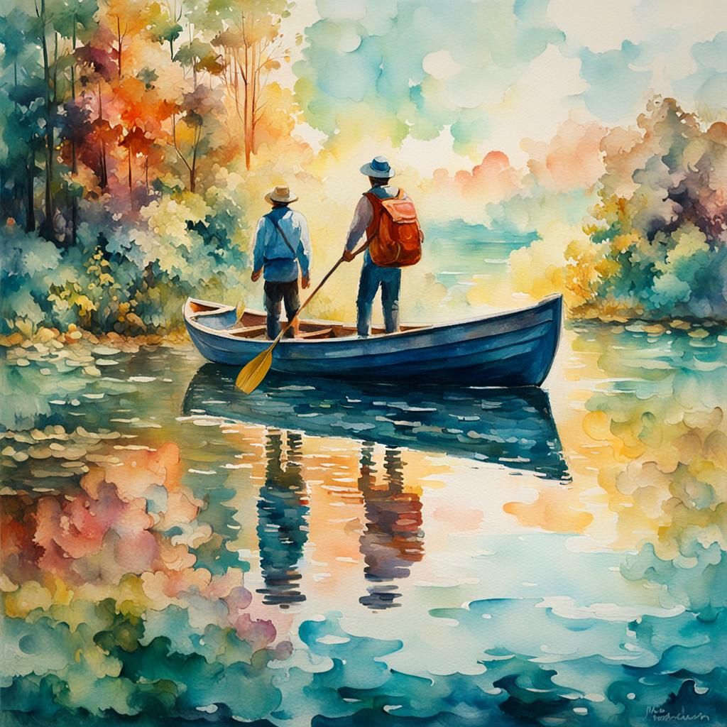 Lake and Boat Double Exposure in Gouache Style