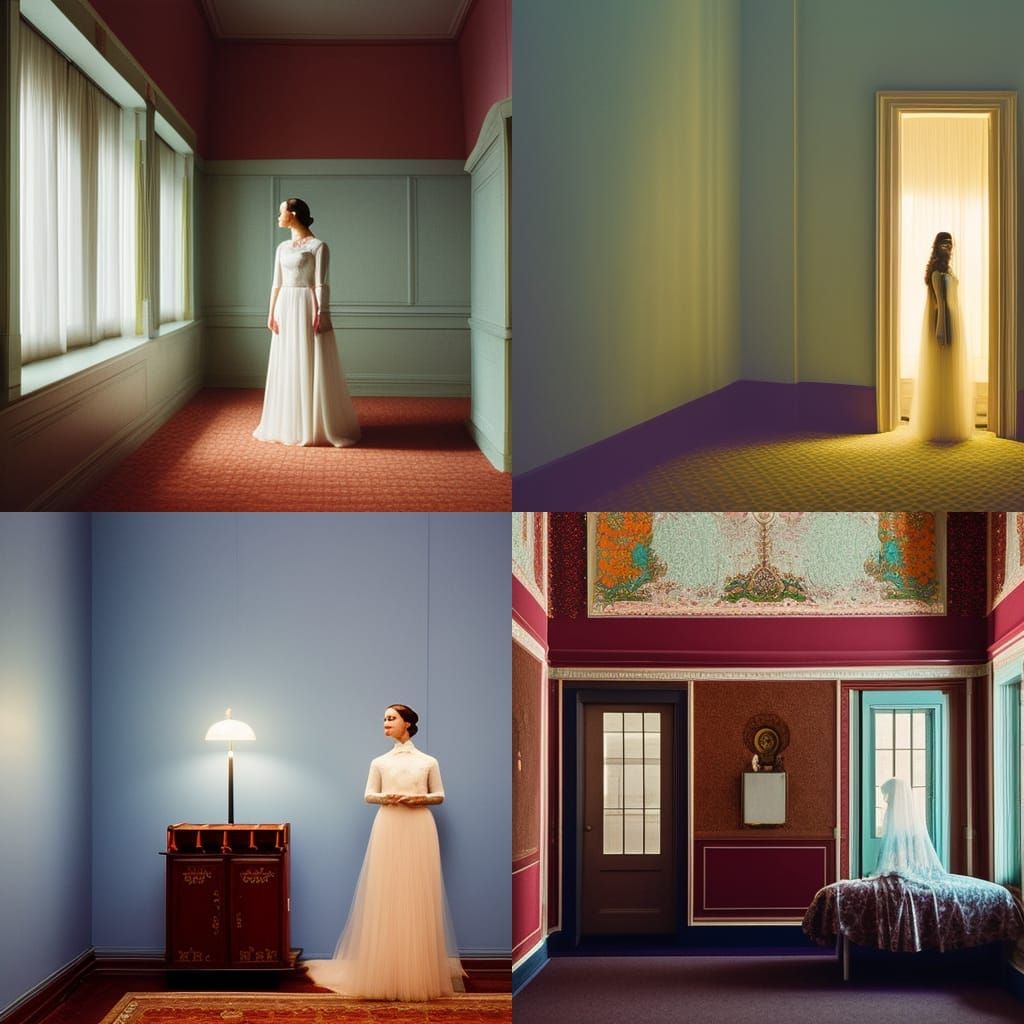 Ghost Woman in Abandoned Room, Wes Anderson Film Still