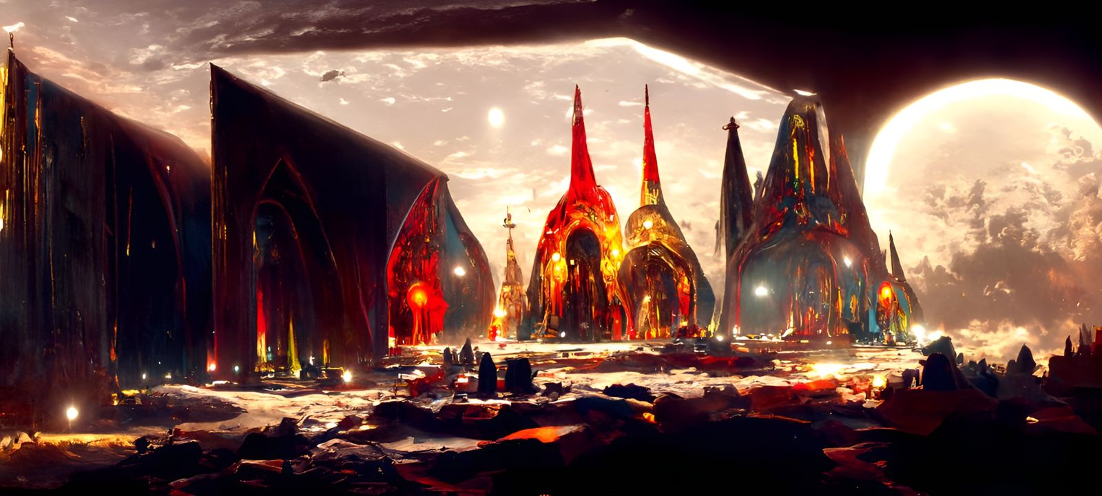 Alien Cathedral at Night with Twin Moons