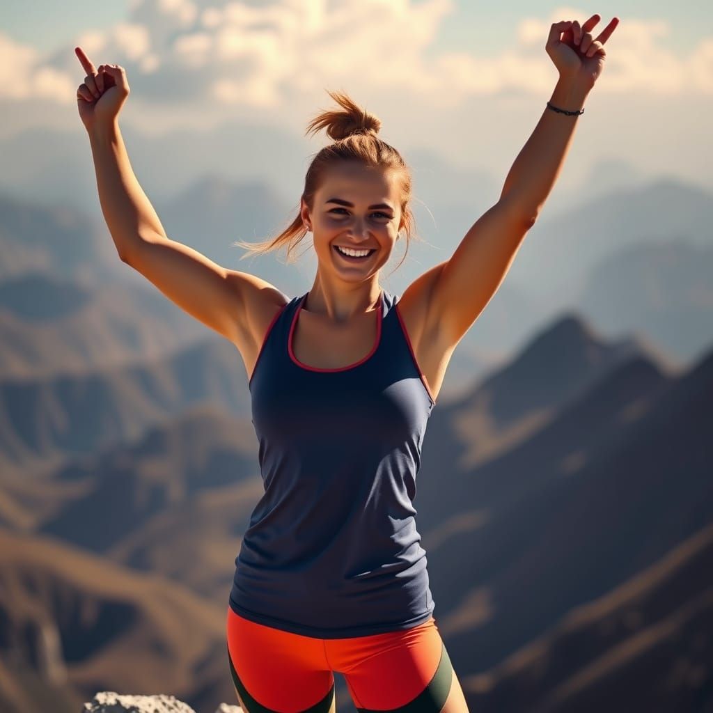 Victorious Woman on Mountain Peak in Sunlight