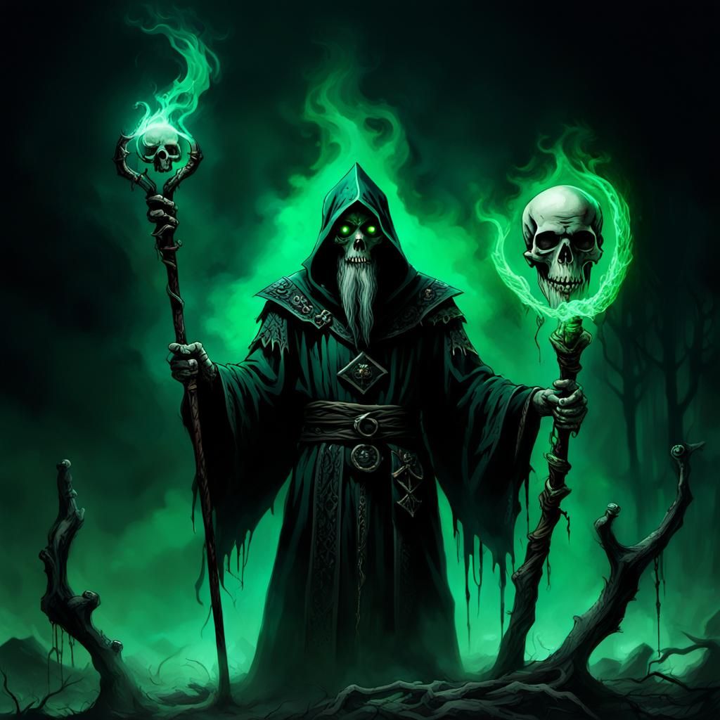 Dark Wizard with Glowing Eyes in Dark Fantasy Art