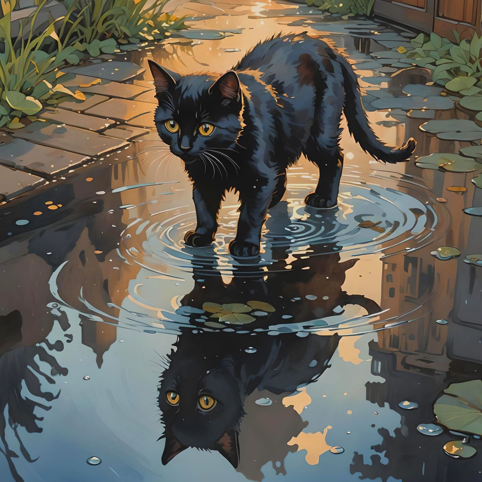 Adorable Black Kitten in Rainy Gouache Style