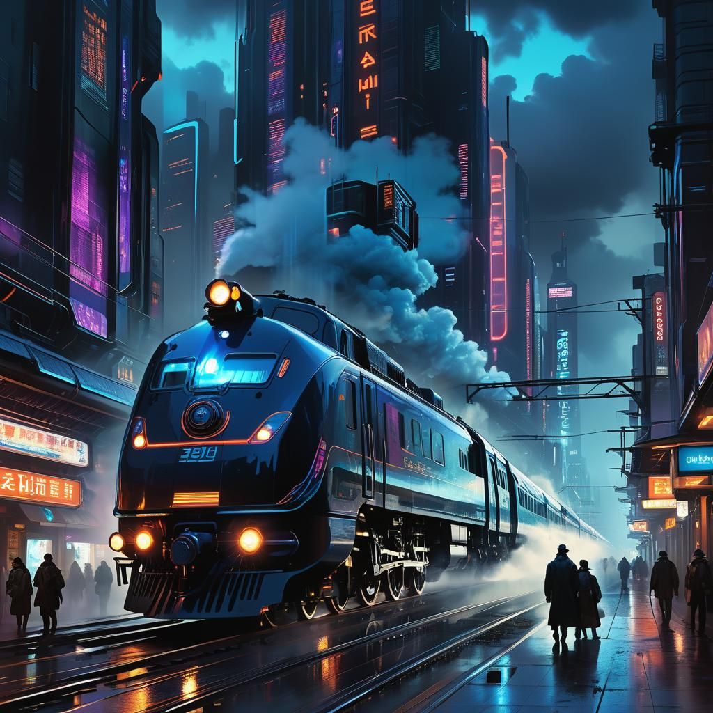 Cyberpunk Steam Train in Dystopian Cityscape